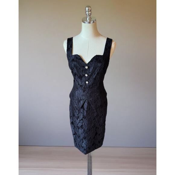 Vintage 80s Scott McClintock Black Lace Wiggle Dress Rhinestone Buttons 4P Sexy - Picture 2 of 16
